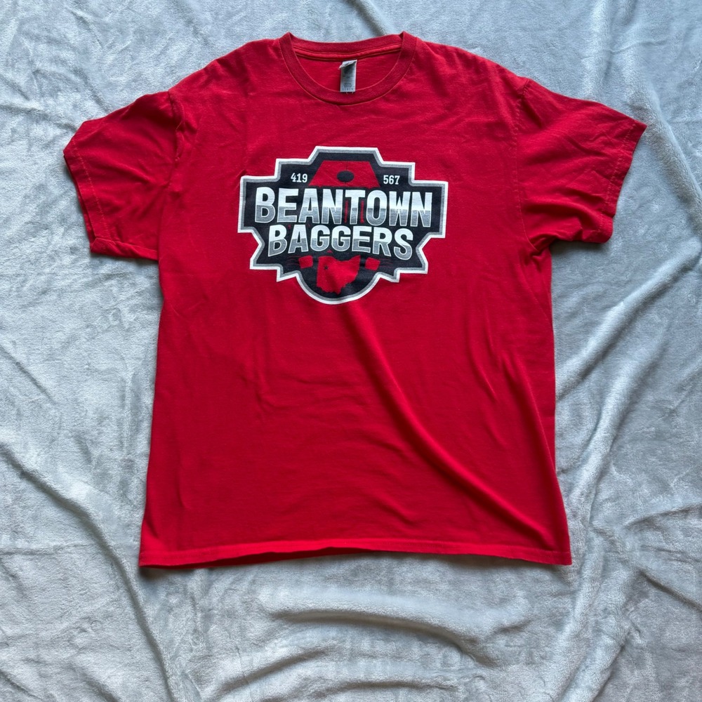 Gildan T-Shirt Mens L Red Beantown Baggers Ohio Graphic Short Sleeve